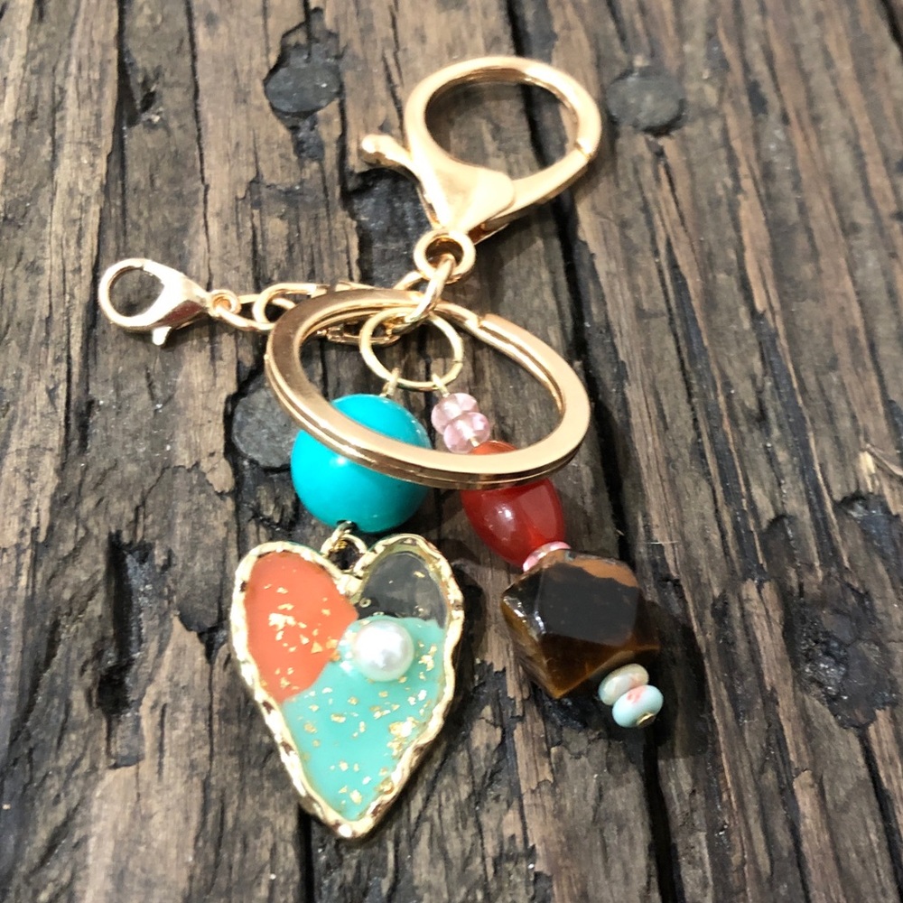 Beaded Heart Keychain with Turquoise and Gemstones